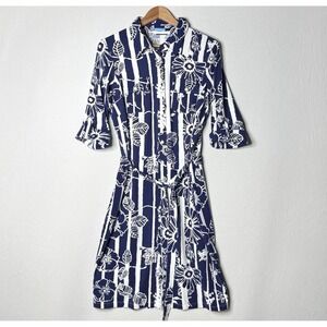 J McLaughlin Navy Floral Shirt Dress Sz L Belted Catalina Career Office READ